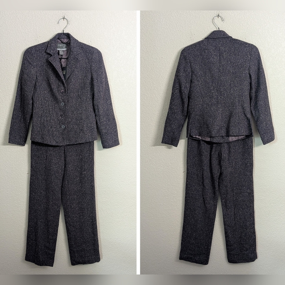 NWT Lafayette 148 New York Wool Cashmere Blend 2 Piece Pant Suit Purple Gray 0